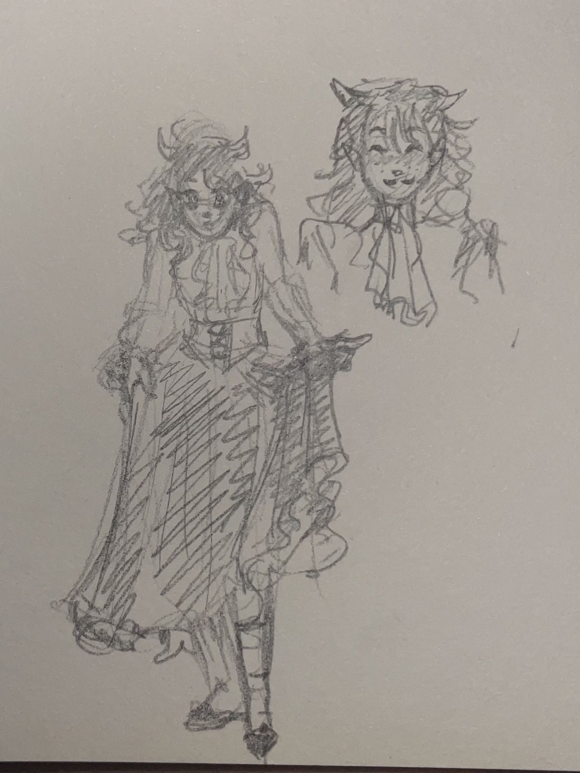 a full-body sketch of owen trying on a skirt and a bust of owen smiling directly at the viewer. her hair is curly, poking up to resemble two little devil horns