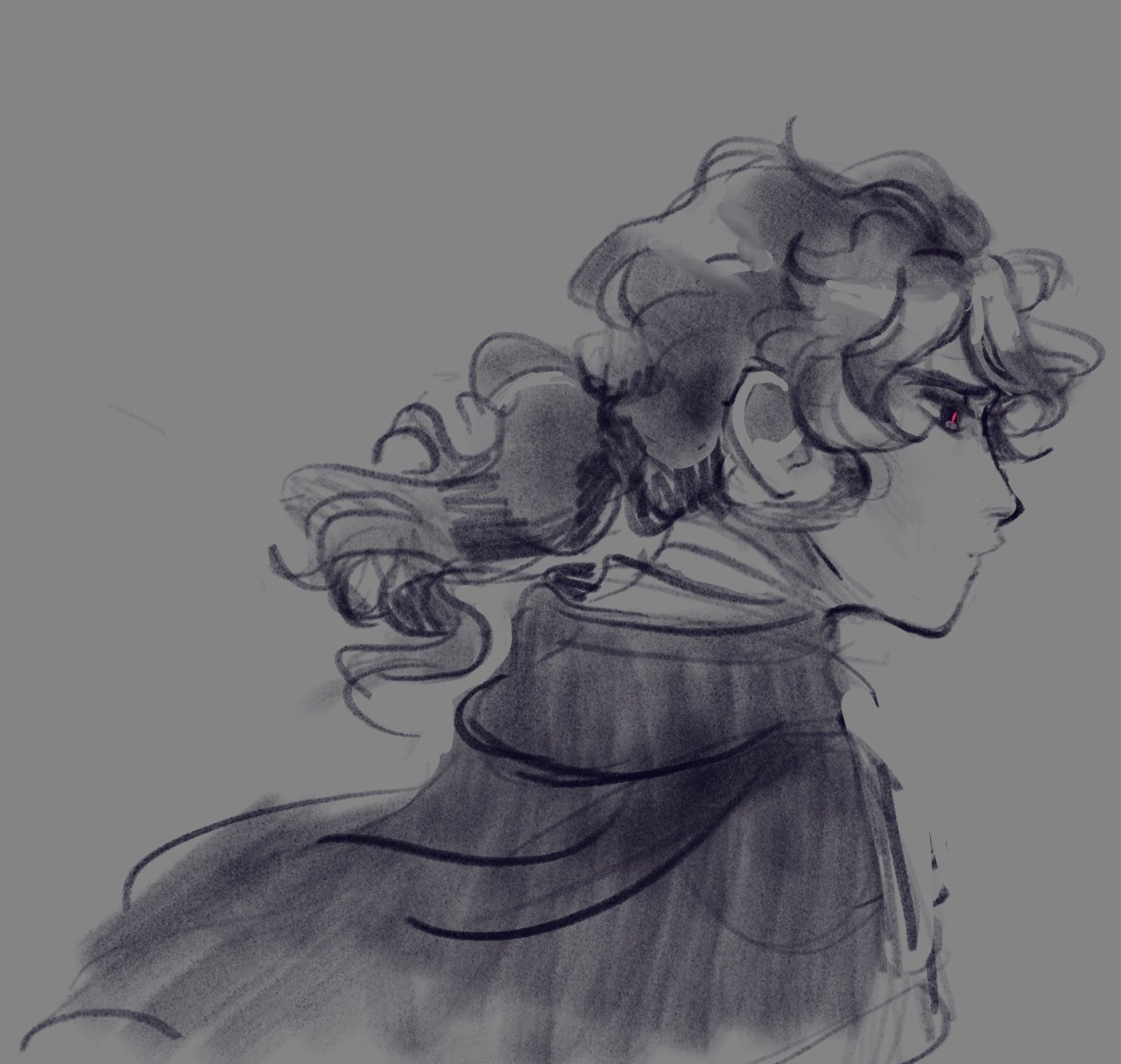 a sketch of owen in profile on a grey background, looking mournful and soft