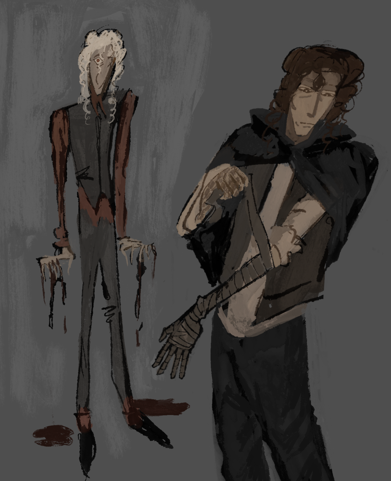 art of two owens, lanky and scribbly. stage 3 owen stands with blood dripping from his nails. stage 1 owen is reapplying his arm bandage.