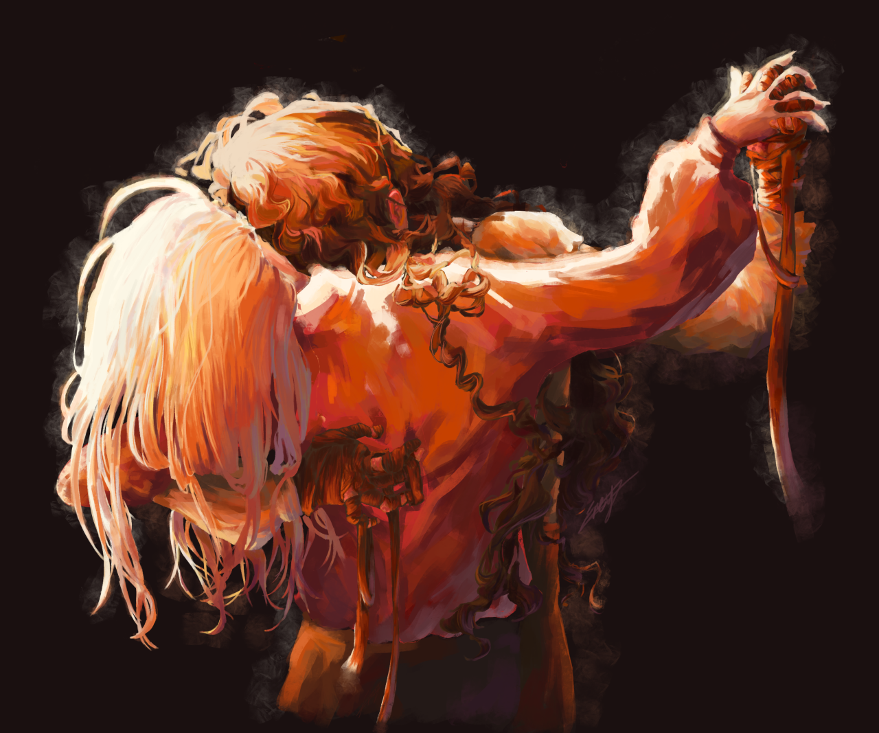 a digital painting of owen and louis dancing together, clutching at each other, their faces obscured