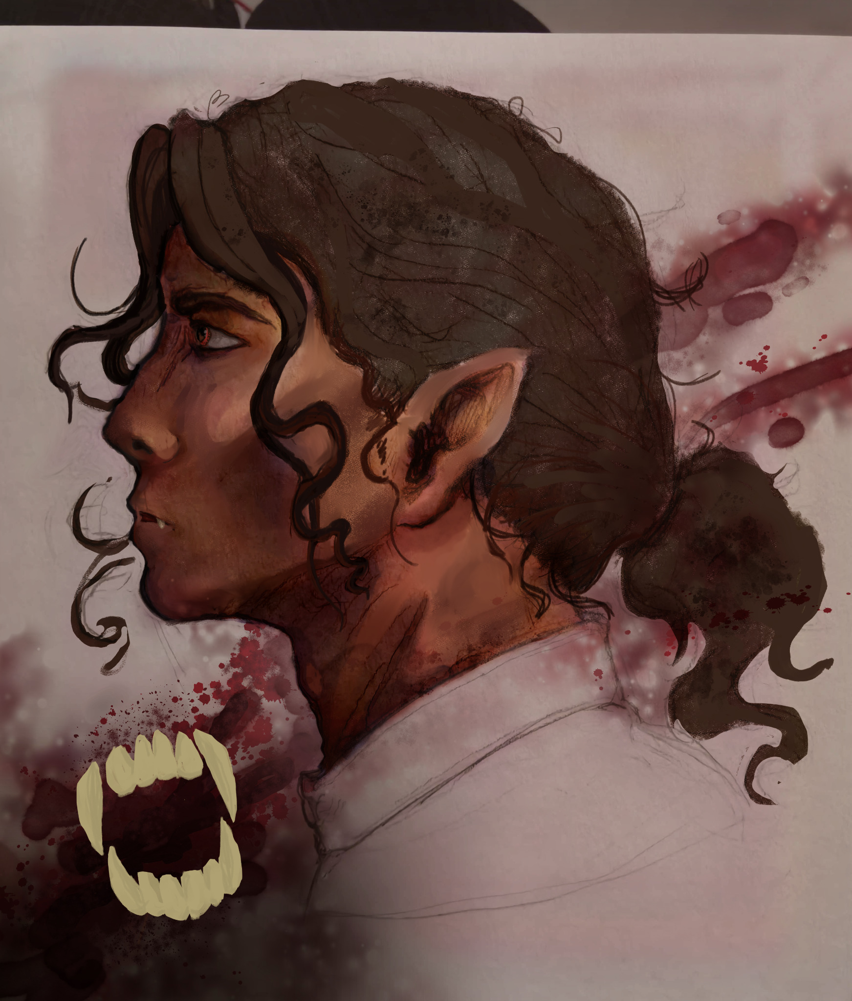 a painting of owen in profile, brown curly hair in a ponytail, pointed ears, a fang decal in the corner