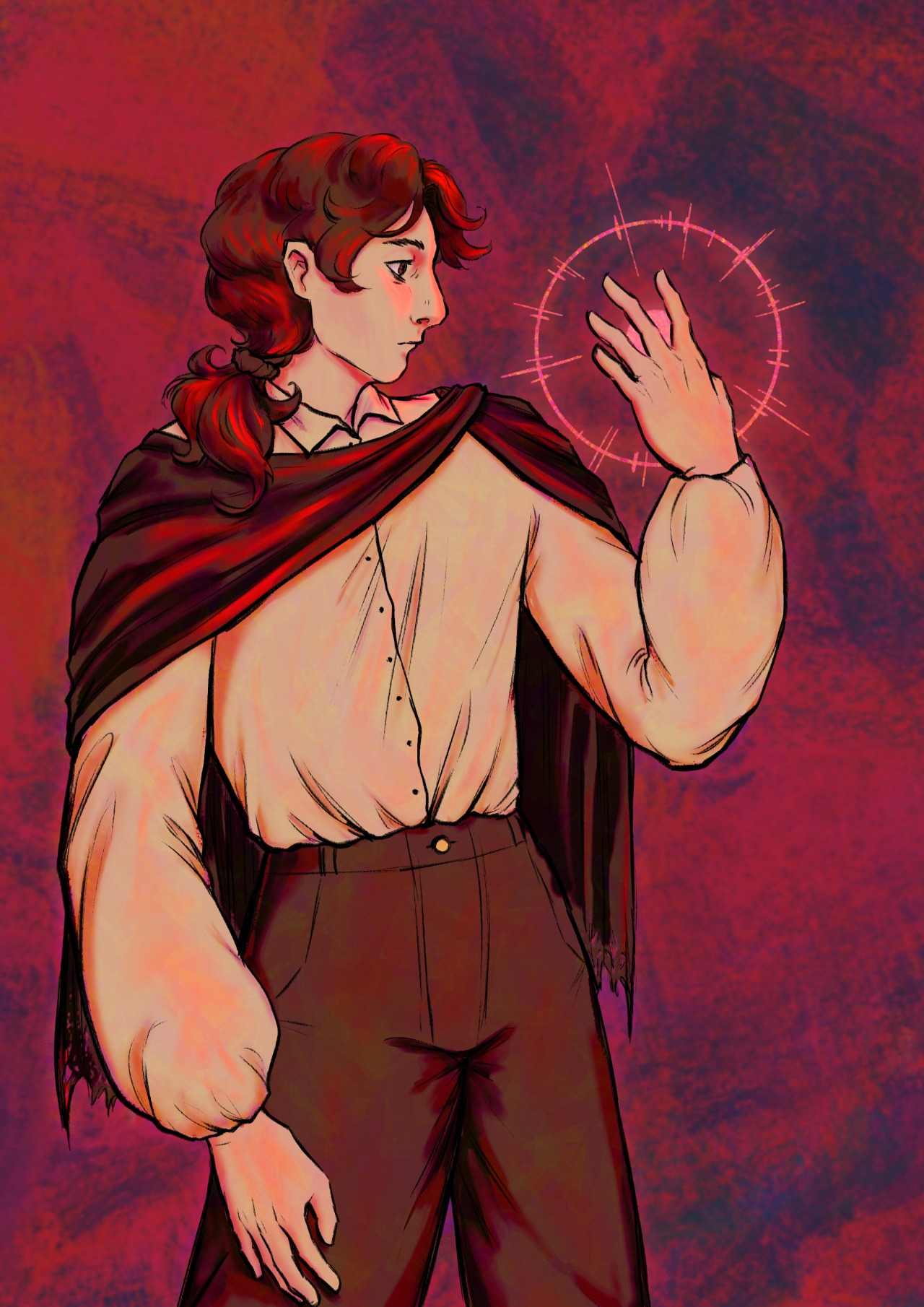 an illustration of stage 1 owen, illuminated by the red glow of something behind his hand