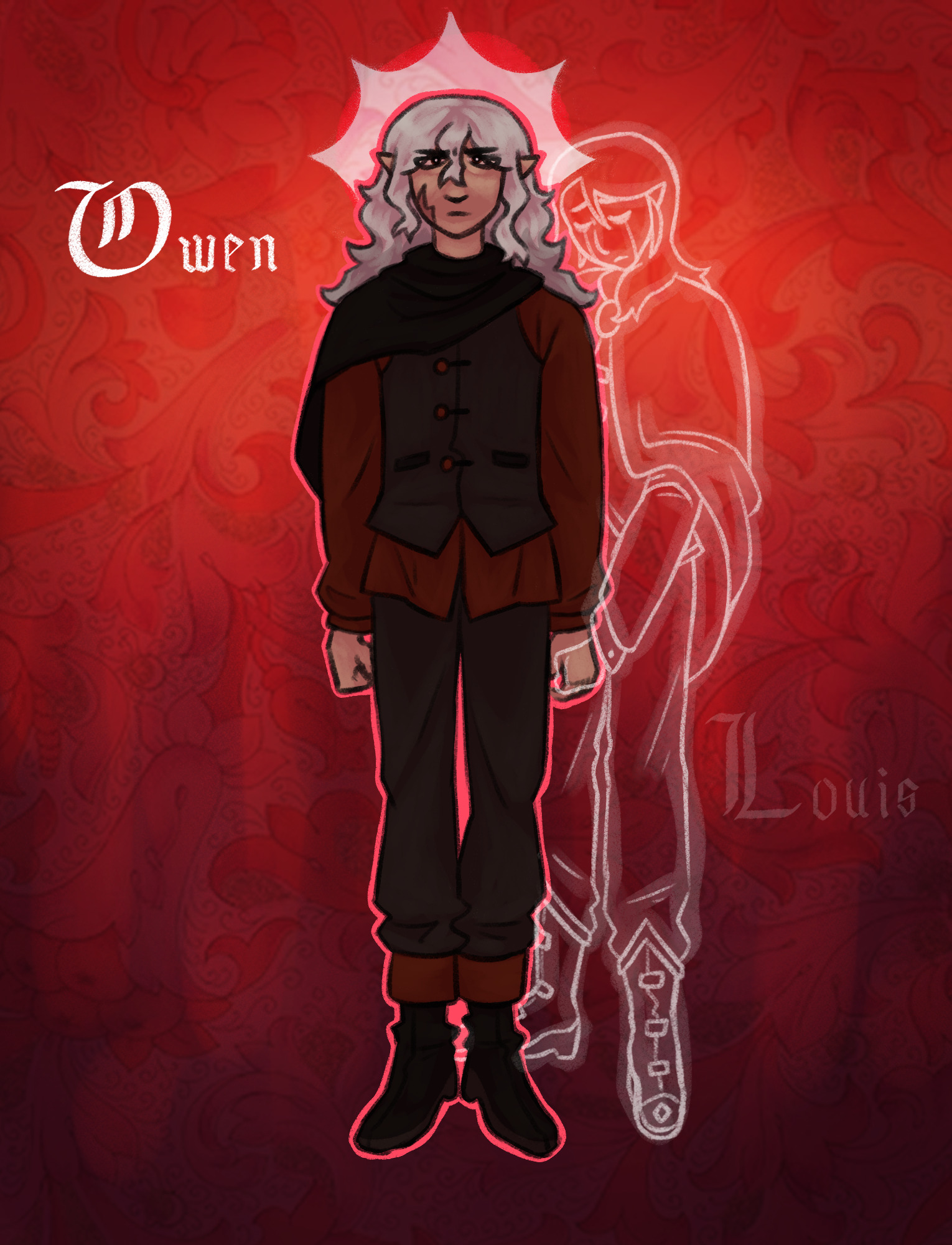 an illustration of stage 3 owen with a sunburst halo behind his head and louis's weeping outline at his side, trying to hold his hand