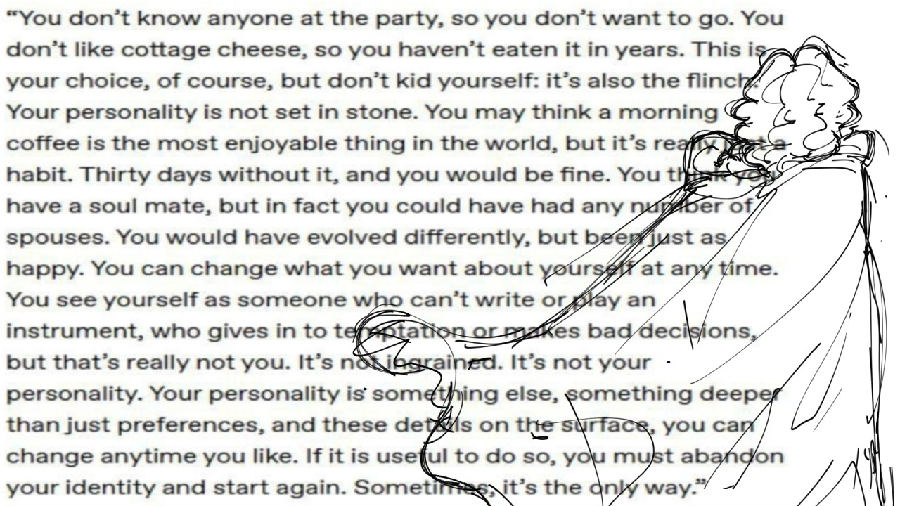 a sketch of owen facing away from the viewer, on top of text from julien smith's the flinch